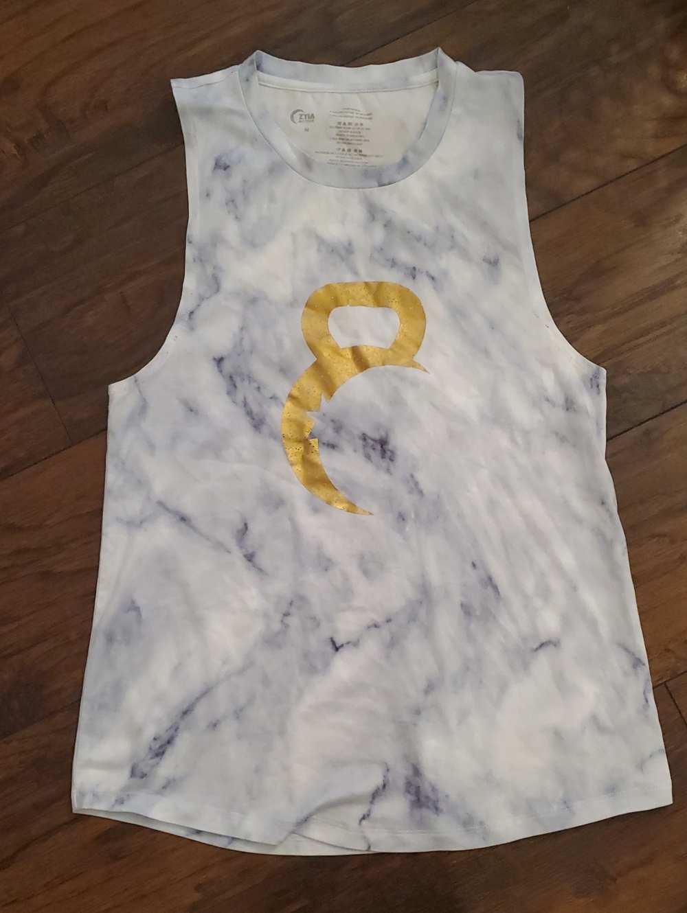 Zyia Marble-Print Sleeveless Tank with Gold Graphic